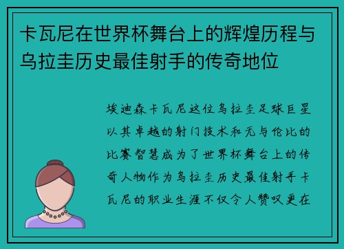 卡瓦尼在世界杯舞台上的辉煌历程与乌拉圭历史最佳射手的传奇地位
